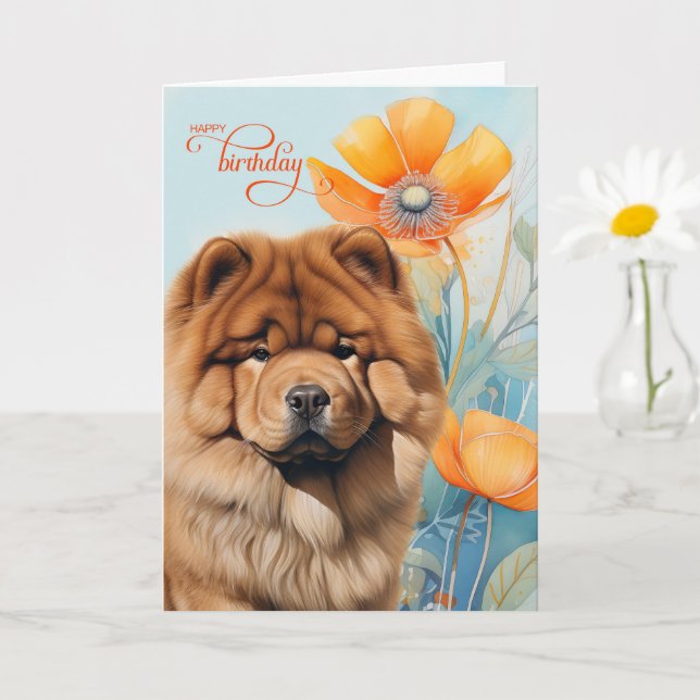 Carte Chow Chow Dog in an Orange Poppy Garden Birthday (Petite plante)