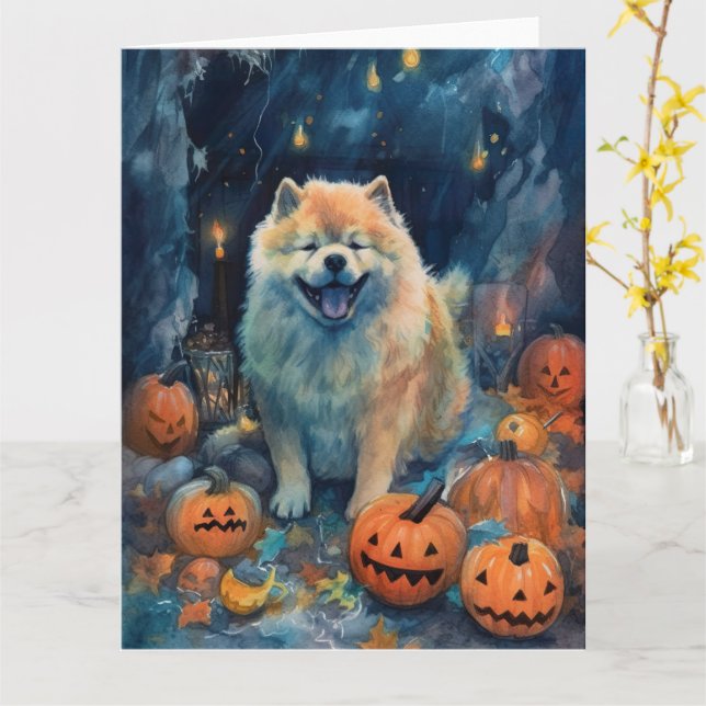 Carte Chow Chow Halloween avec citrouilles effrayantes  (Fleur jaune)