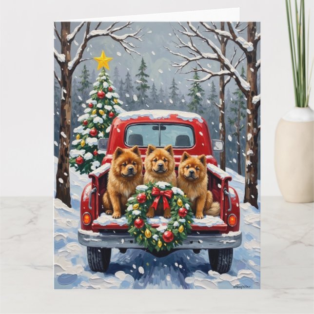 Carte Chow Chow Noël Camion Rouge Fêtes (Devant)