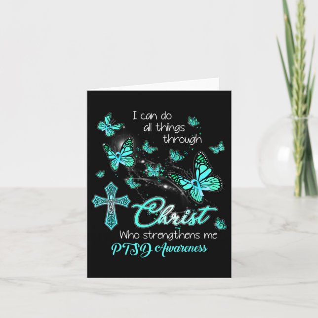 Carte Christ Dieu Croix Renforcer Me Papillon Turquoise  (Devant)