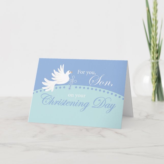 Carte Christening For Son, Dove on Blue (Devant)