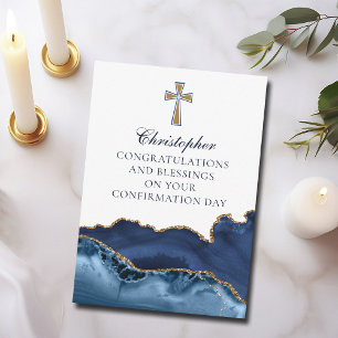Carte Christian Cross Navy Blue Gold Félicitations