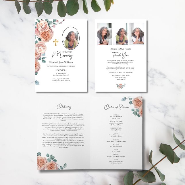 Carte Christian Peach Rose Funérailles Ordre de service (Créateur téléchargé)
