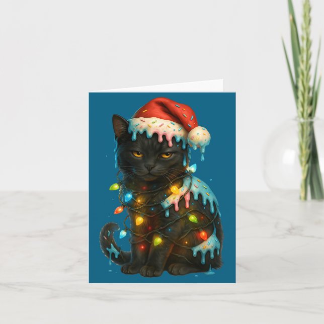 Carte Christmas Black Cat Ice Cream Drip Santa Hat Cute  (Devant)