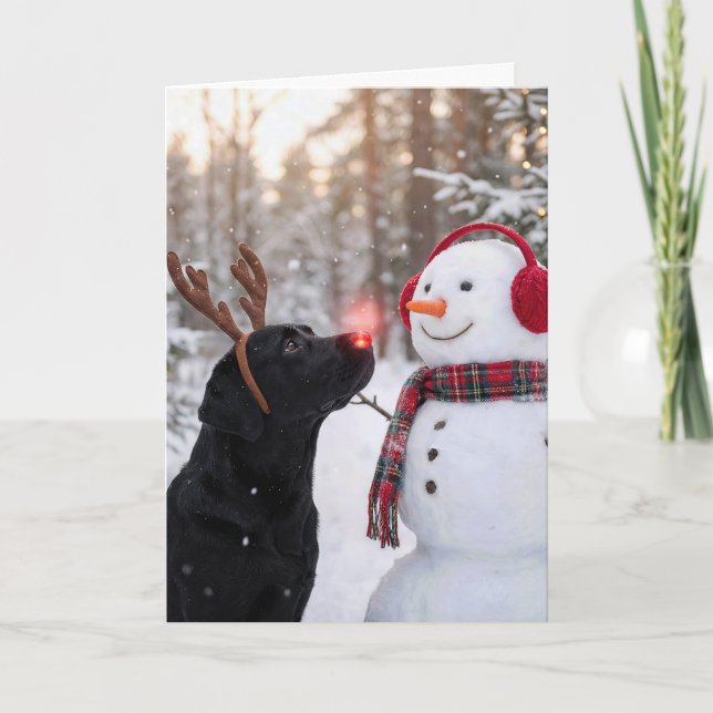Carte Christmas Black Labrador Retriever with Snowman (Devant)
