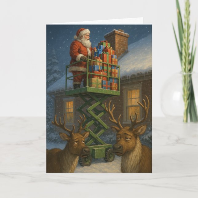 Carte Christmas card funny Santa on scissor lift  (Devant)