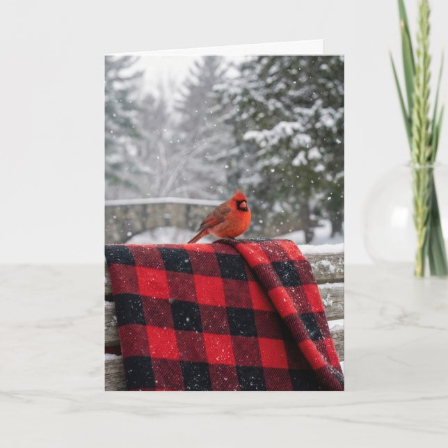 Carte Christmas Cardinal On a Buffalo Plaid Blanket (Devant)