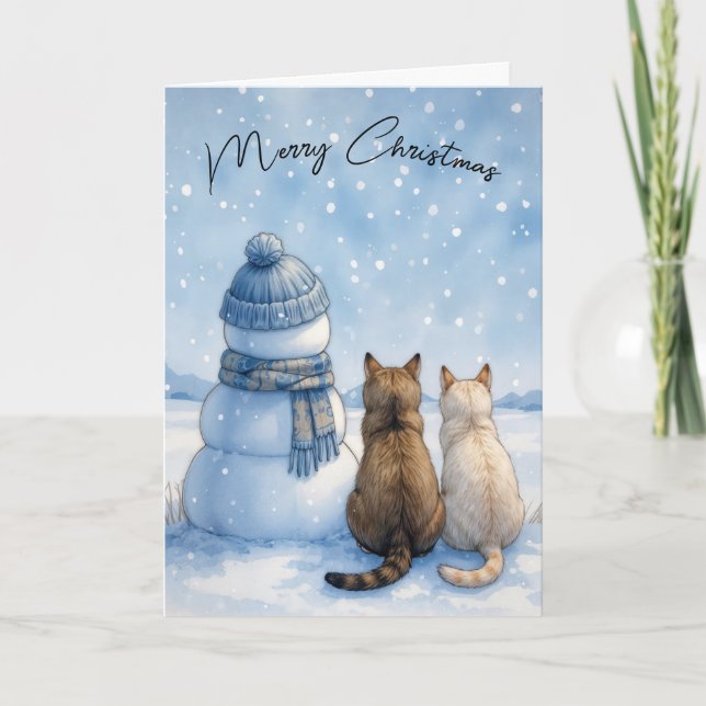 Carte Christmas Cats Sitting With a Snowman In a Field (Devant)