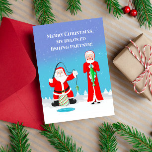Carte Christmas Couple Fishing Père Noël & Mrs Claus