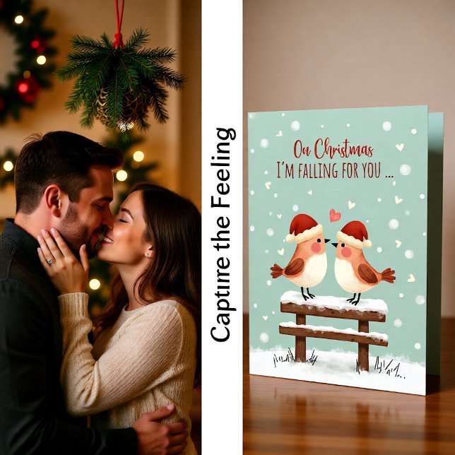 Carte Christmas Cute Romantic Love Birds in Falling Snow (Créateur téléchargé)