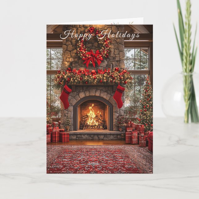 Carte Christmas Fireplace Red Stockings Lights (Devant)