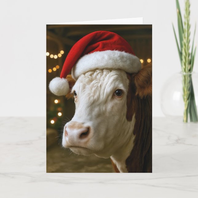 Carte Christmas Hereford Cow Wearing a Santa Hat (Devant)