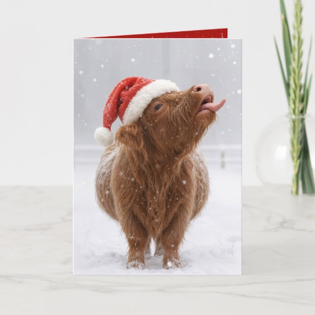 Carte Christmas Highland Cow Catching Snowflakes (Devant)