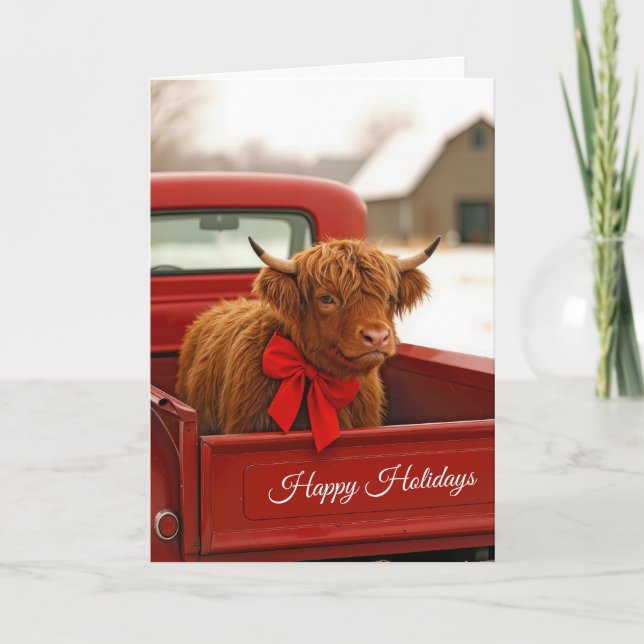 Carte Christmas Highland Cow In Old Red Pickup Truck (Devant)