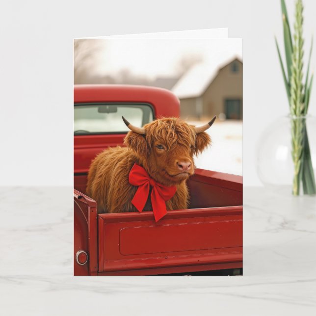 Carte Christmas Highland Cow In Old Red Pickup Truck (Devant)