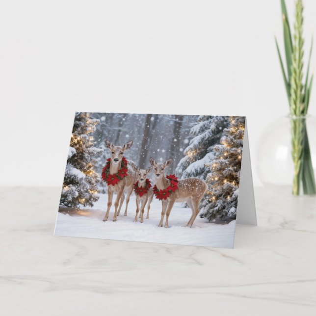 Carte Christmas Holiday Cute Deer Family with Wreaths  (Devant)