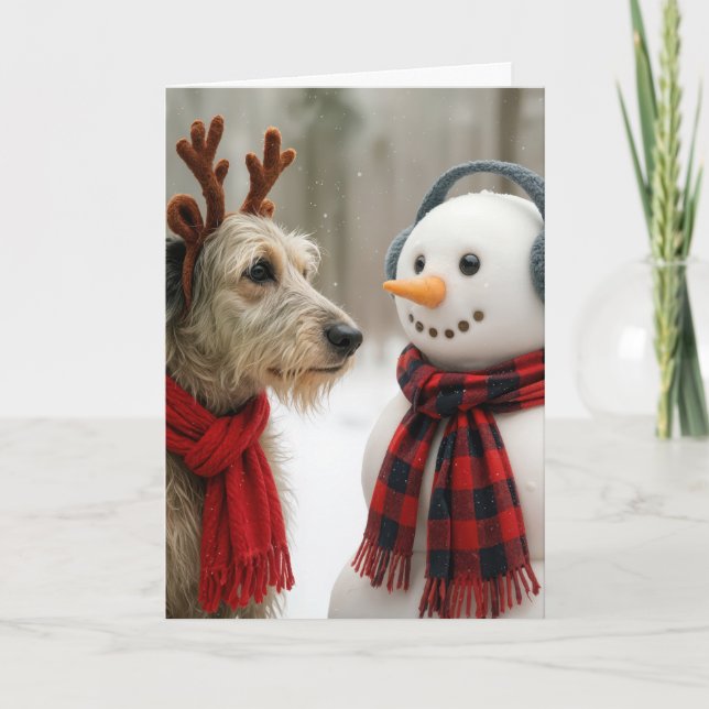 Carte Christmas Irish Wolfhound Gazing at a Cute Snowman (Devant)