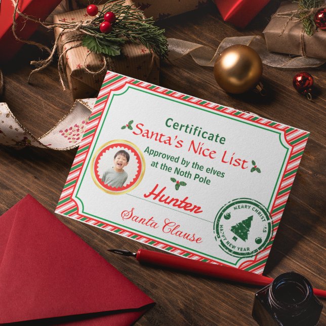 Carte Christmas Photo Certificate Santa Nice List (Créateur téléchargé)