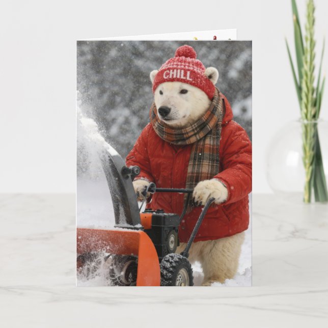 Carte Christmas Polar Bear Pushing a Snowblower (Devant)