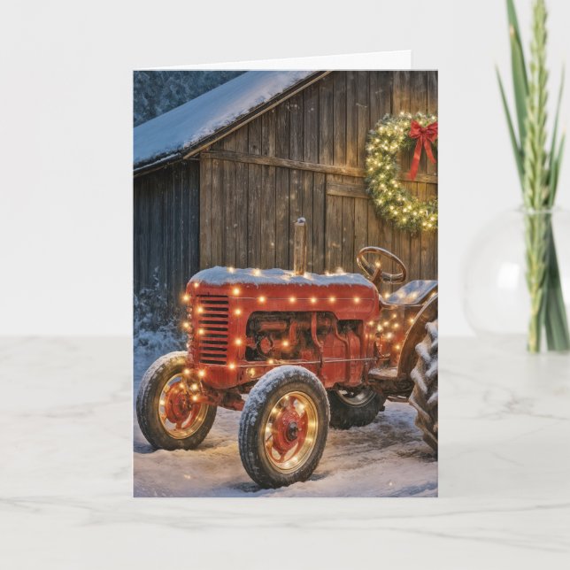 Carte Christmas Red Farm Tractor With Glowing Wreath (Devant)