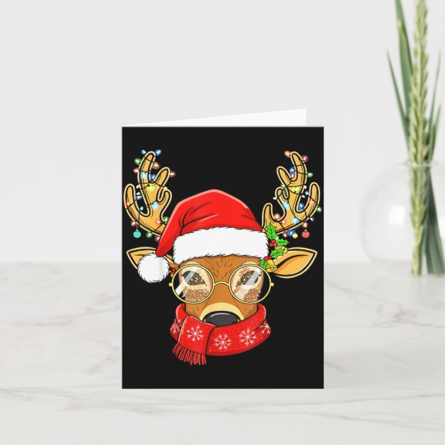 Carte Christmas Reindeer Lights Gles Santa Hat Deer Xmas (Devant)