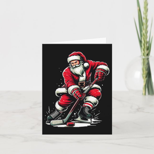 Carte Christmas Sports Père Noël joue au hockey sur glac (Devant)