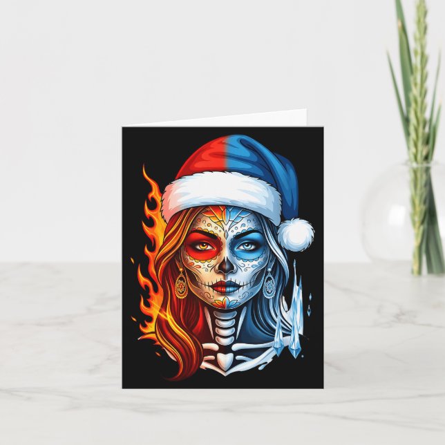 Carte Christmas Sugar Skull Art Woman Santa Hat Fantasy  (Devant)