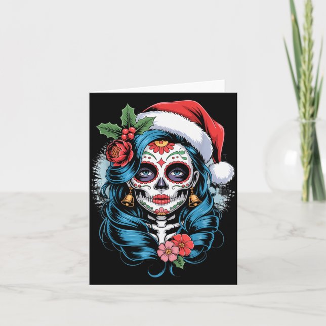 Carte Christmas Sugar Skull Art Woman Santa Hat Festive  (Devant)