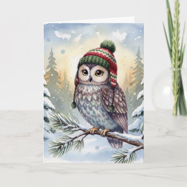 Carte Christmas Watercolor Owl In Winter Hat (Devant)