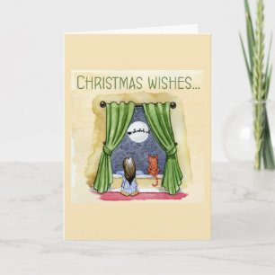Carte Christmas Wishes Child & Kitty Cat Xmas