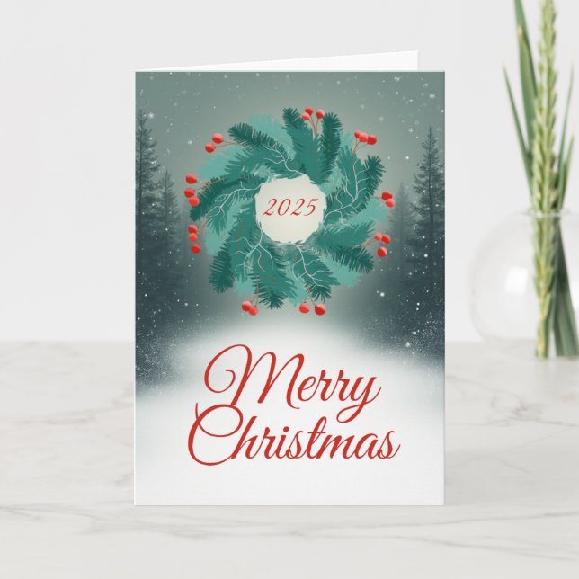 Carte Christmas Wreath with Red Berries and Forest (Devant)