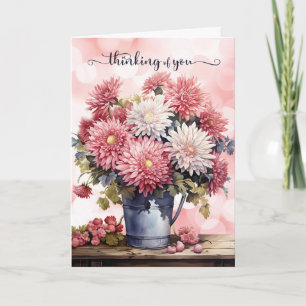 Carte Chrysanthèmes roses et blancs Pensées pour vous