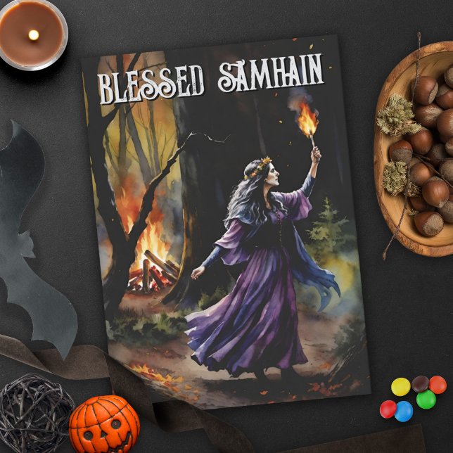 Carte Chute Forêt Béni Samhain Night Pagan sorch (Fall Forest Blessed Samhain Night Pagan Witch Halloween Greeting Card)