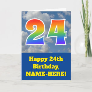 Carte Ciel bleu nuageux, motif arc-en-ciel "24" Annivers