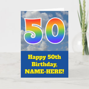 Carte Ciel bleu nuageux, Motif arc-en-ciel "50" Annivers