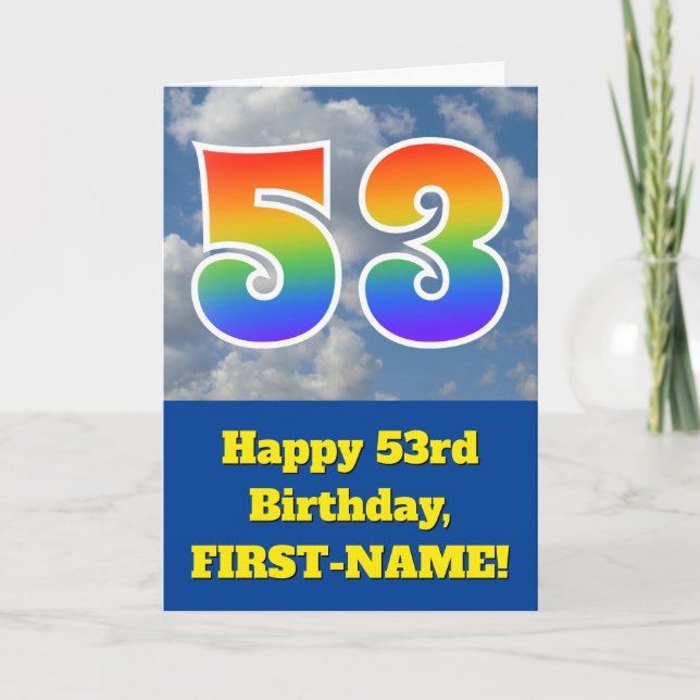 Carte Ciel bleu nuageux, Motif arc-en-ciel "53" Annivers (Devant)