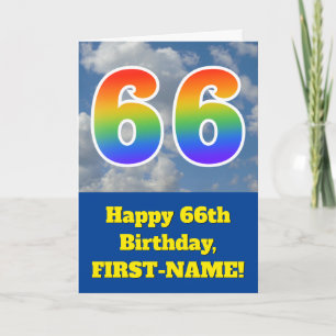 Carte Ciel bleu nuageux, motif arc-en-ciel "66" Annivers