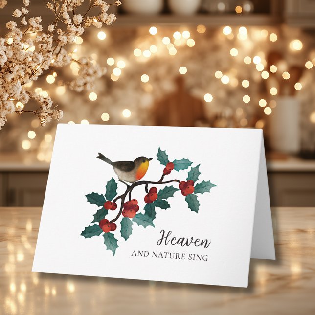 Carte Ciel et Nature Chantent Oiseau d'Hiver Houx de Noë (Heaven and Nature Sing Winter Bird Holly Folded Christmas Holiday Card)