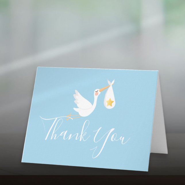Carte Cigogne de garçon bleu Bébé Étoile d'Or Script Mer (Baby Boy Blue Stork Gold Star Script Thank You Card)