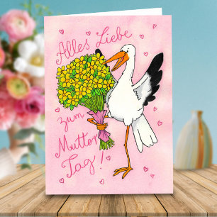 Carte Cigogne rose allemande pour la fête des mères avec