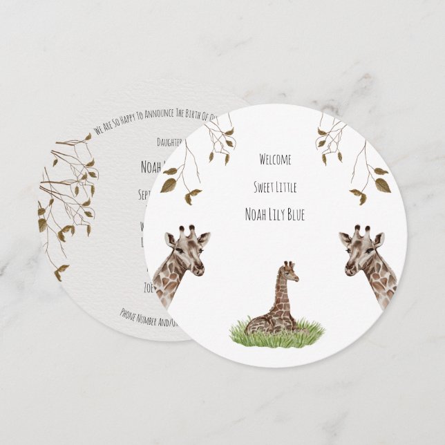 Carte (Circle) - Birth Announcement Giraffe (Devant / Derrière)