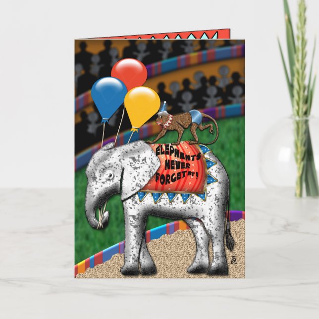 Carte Circus Elephant & Monkey (carte d'anniversaire) (Devant)