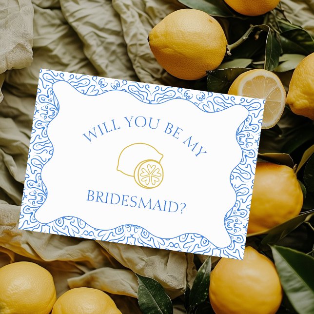 Carte Citrons et carreaux bleus Proposition d'une domest (Ask in style with this fun lemon-themed bridesmaid card, customizable to match your wedding vibe.)