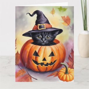 Carte Citrouille Casquette Halloween Black Kitten Witch