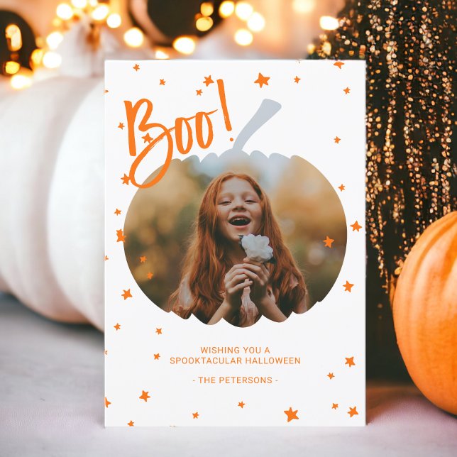 Carte Citrouille coupé bot Halloween blanc orange photo (Pumpkin cut out boo Halloween white orange photo Card)