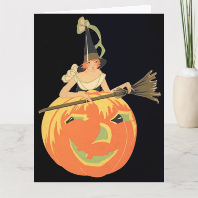 Carte Citrouille de la sorcière Art Déco Jack O Lantern  (Devant)