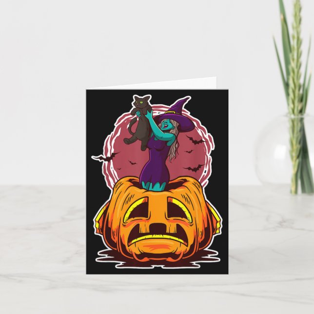 Carte Citrouille de sorcière chat noir et sorcier effray (Devant)