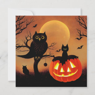 Carte Citrouille d'Halloween, hibou et chat la nuit.