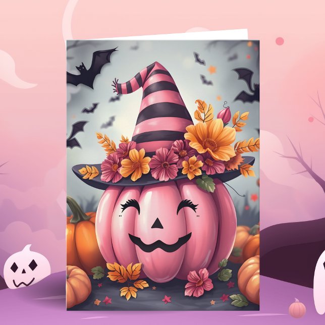 Carte Citrouille d'Halloween rose jolie Jack-o-lantern (Créateur téléchargé)
