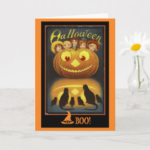Carte Citrouille et chats noirs Halloween vintage  